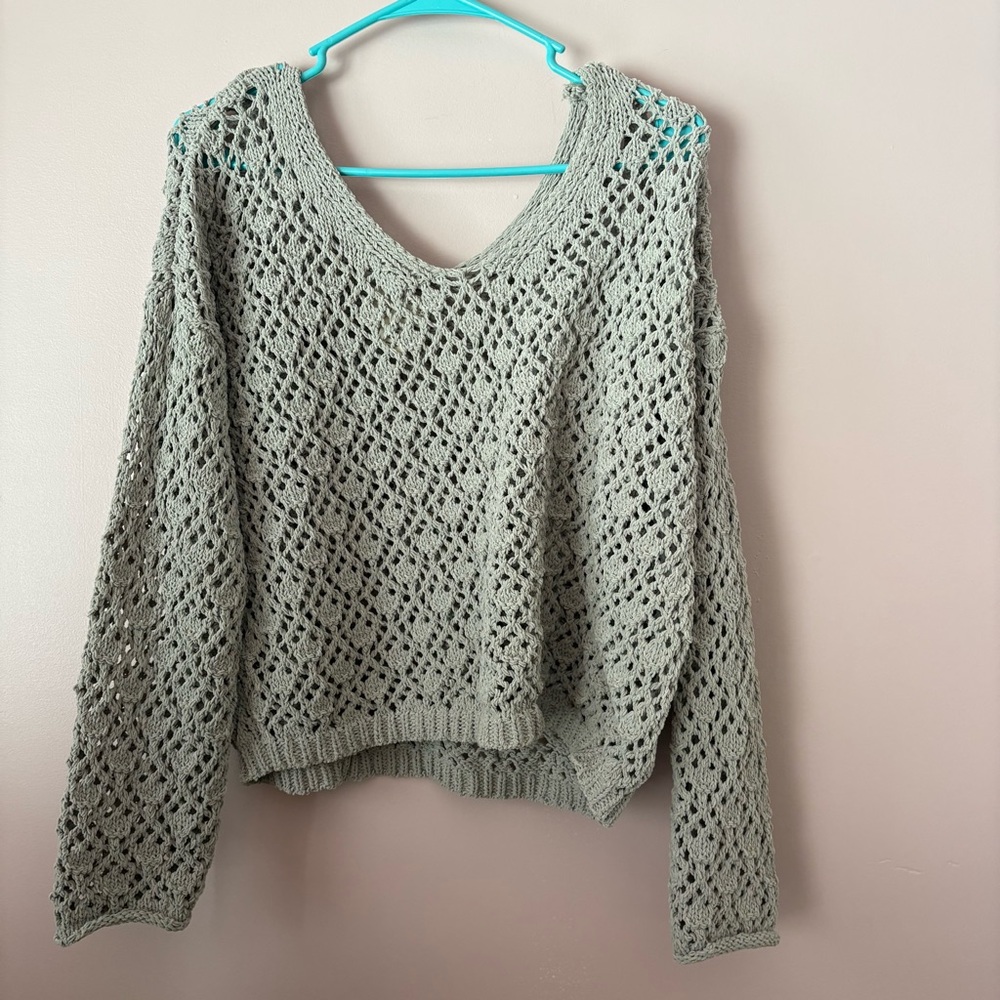 💚Nicole Miller V-Neck Open-Knit Sweater - Gray/Sage